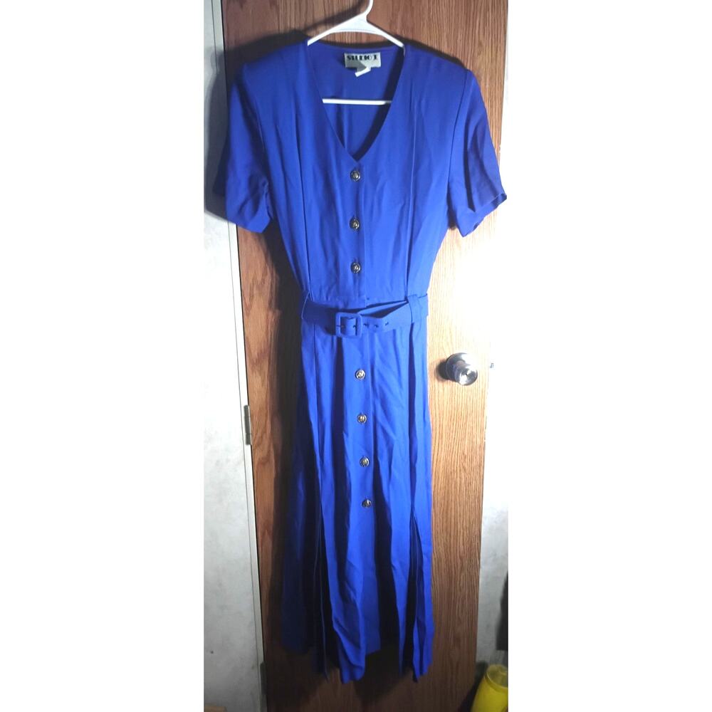 Vintage Studio I Cobalt Blue Button Front Maxi Dress Modest Cottagecore USA S